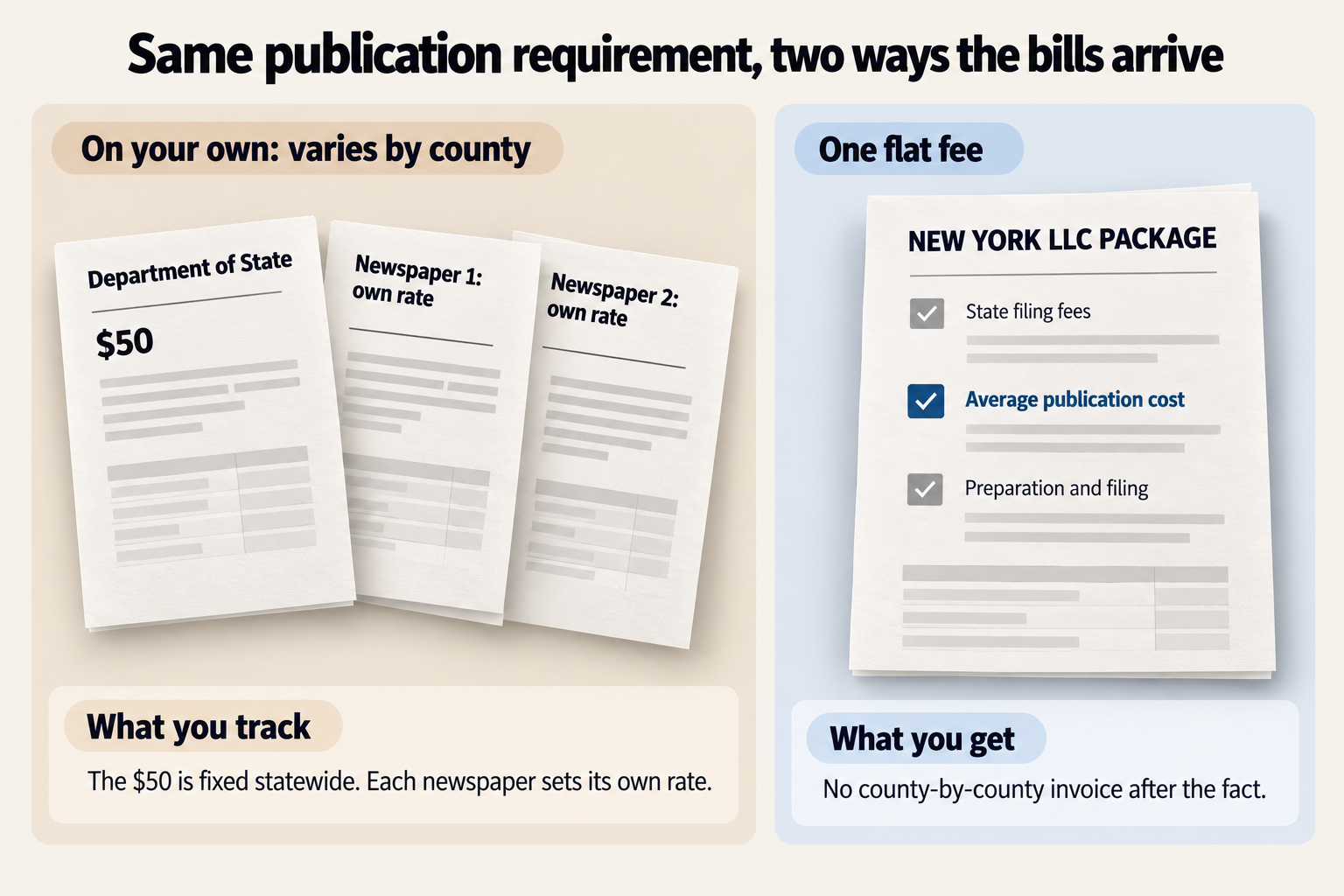 Same publication requirement, two ways the bills arrive: on your own, the $50 Department of State fee is fixed statewide and each of the two newspapers sets its own rate; with one flat-fee New York LLC package, state filing fees, the average publication cost and preparation and filing come together, with no county-by-county invoice after the fact