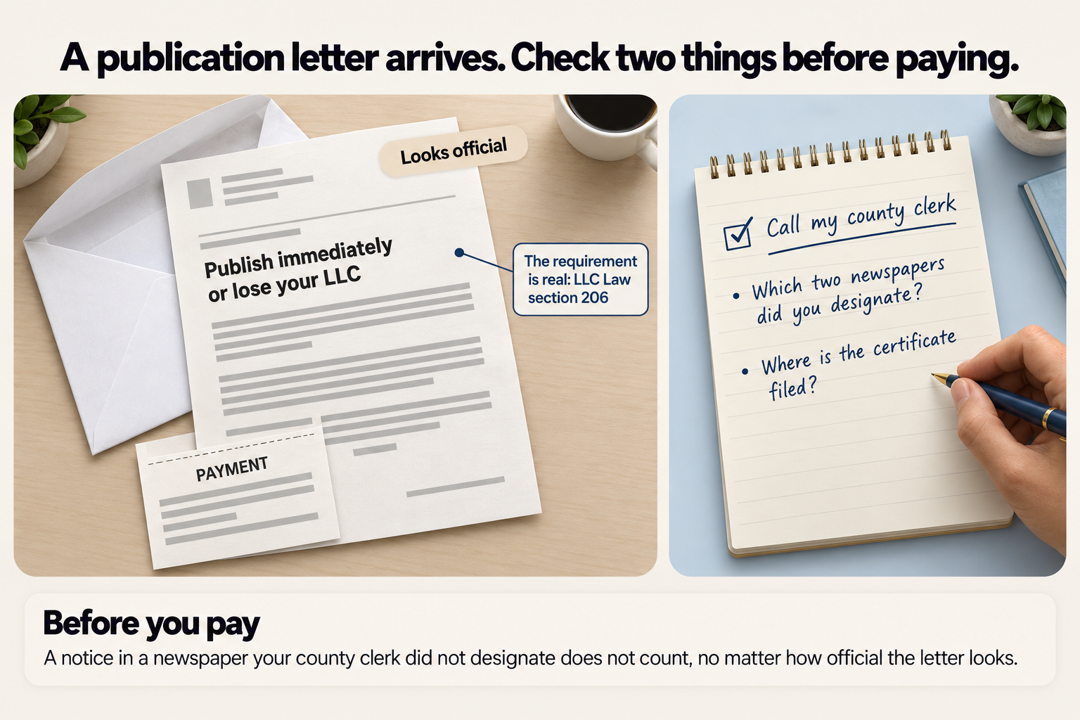 A publication letter arrives, check two things before paying: the requirement is real under LLC Law section 206, so call your county clerk and ask which two newspapers it designated and where the certificate is filed; a notice in a newspaper your county clerk did not designate does not count, no matter how official the letter looks